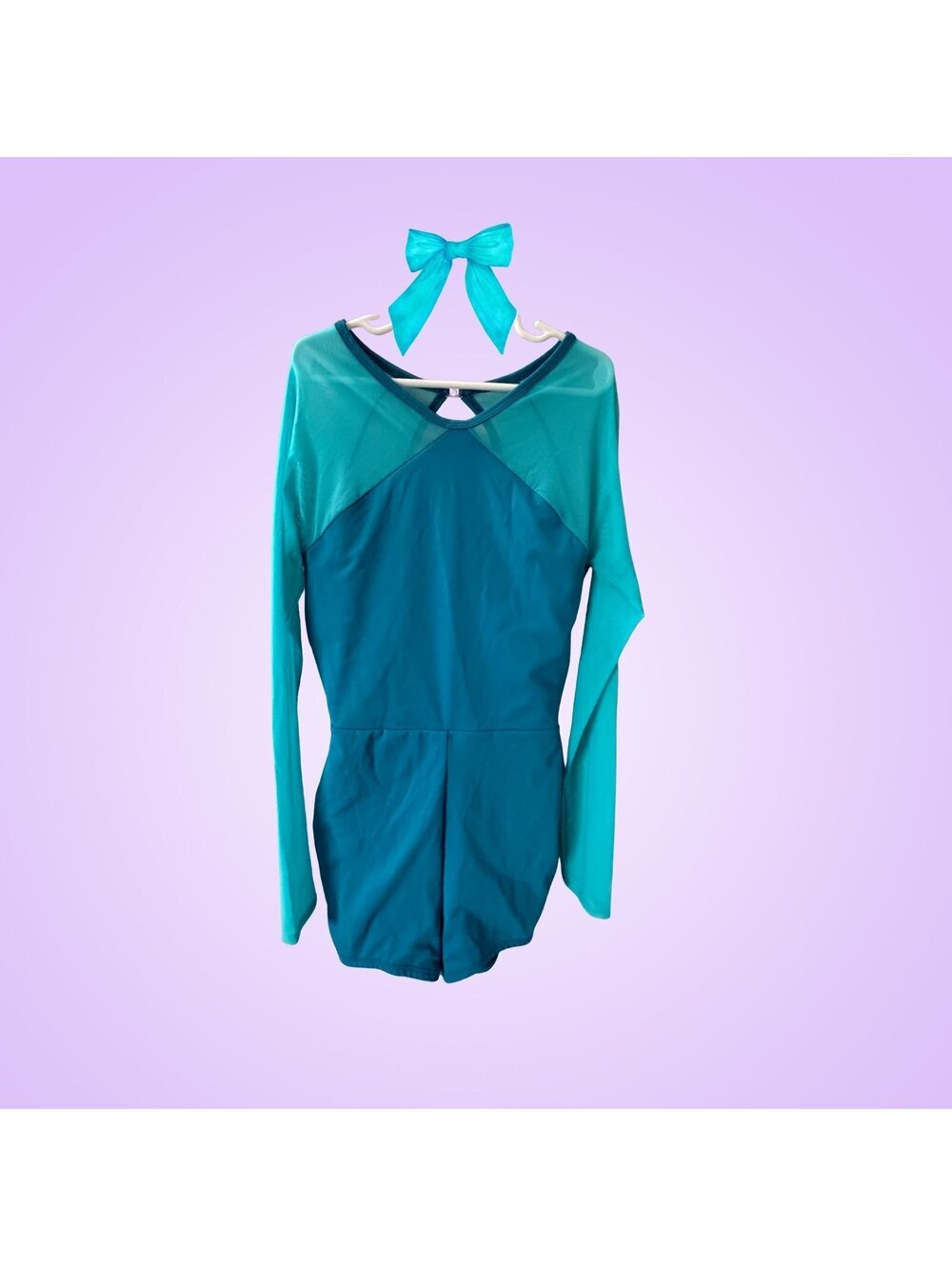 Tiger Friday Adult XS Teal Long Sleeve Dance Romper | Open Back Mesh